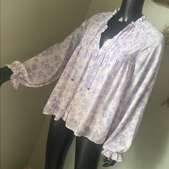 Entro Light Pastel Purple & Pink Floral Sheer Sleeve Blouse Top - Picture 5 of 15